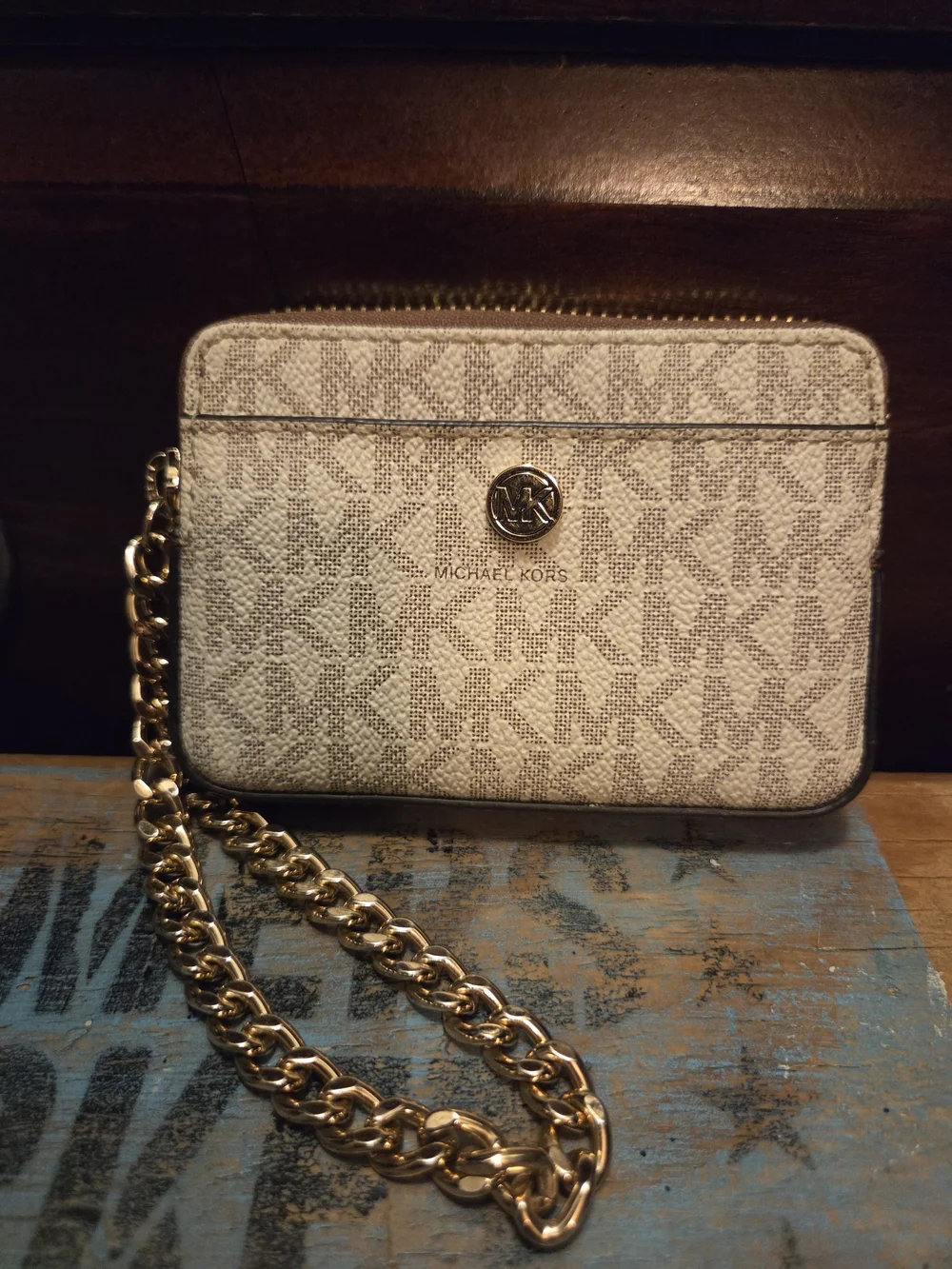 Michael Kors Beige Logo Wristlet with Gold Chain Strap